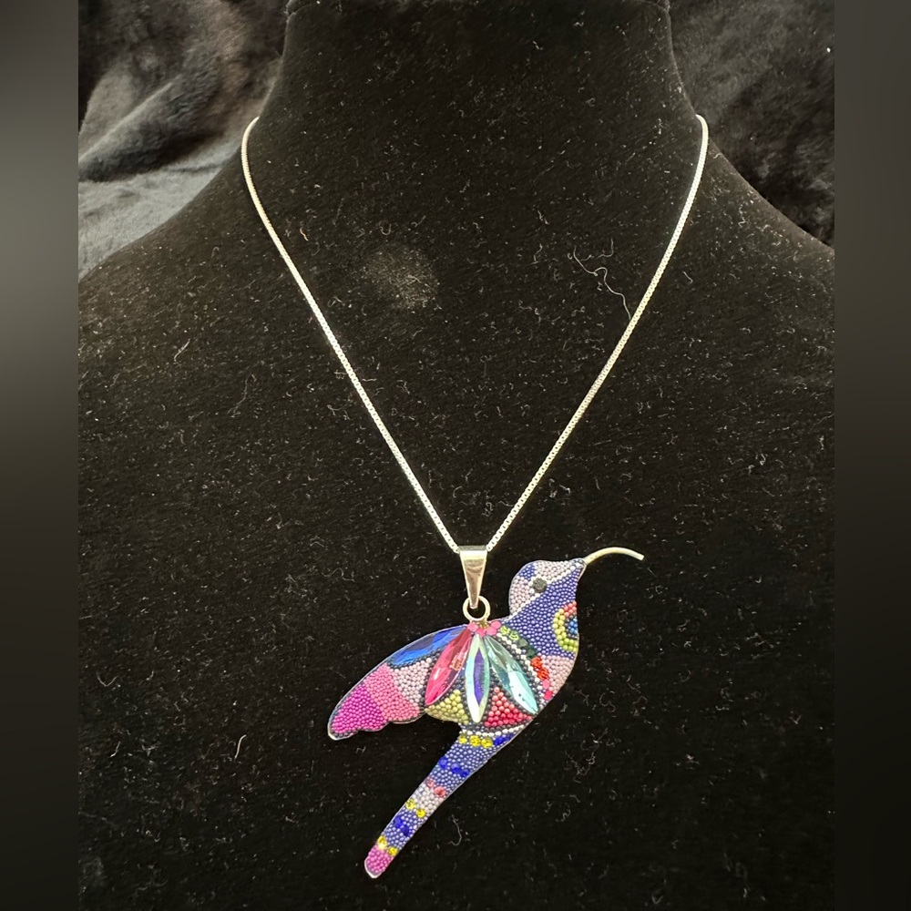 Sterling 925 Silver Glass and Bead Hummingbird Pendant and Chain NWOT